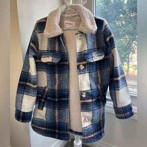 Blue and white plaid Sherpa-lined shacket